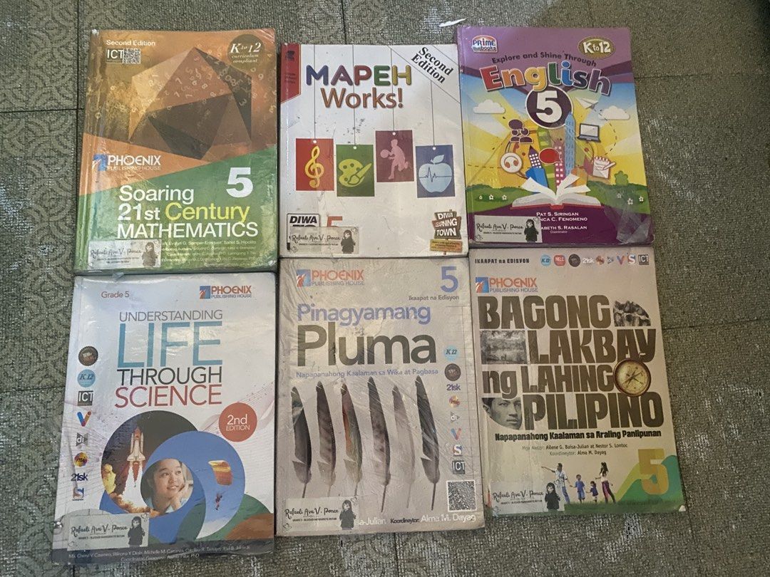Grade 5 Phoenix Educational Books (Category: Textbooks) located in Manila. Submitted by minimalist.mooma (Listing ID 1439423139, Image 1). Description: - Grade 5 textbook set from Phoenix Publishing House. - Includes the following books: - Soaring 21st Century Mathematics - MAPEH (SOLD) - Explore and Shine Through English - Understanding Life Through Science (2nd Edition) - Pinagyamang Pluma - Bagong Lakbay ng Lahing Pilipino - Perfect for Grade 
