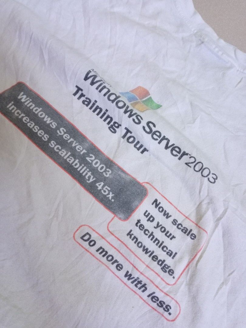 Hanes Windows Server 2003 Training Tour T-shirt (Category: Tshirts & Polo Shirts ) located in Manila. Submitted by onewikstraight (Listing ID 1439467642, Image 2). Description: - Vintage Hanes Beefy-T T-shirt - From the Windows Server 2003 Training Tour - Features the Windows Server 2003 logo on the front - Training tour design on the back - Back design highlights scalability and "Do more with less" - Classic white color - Size XL - Perfect for c
