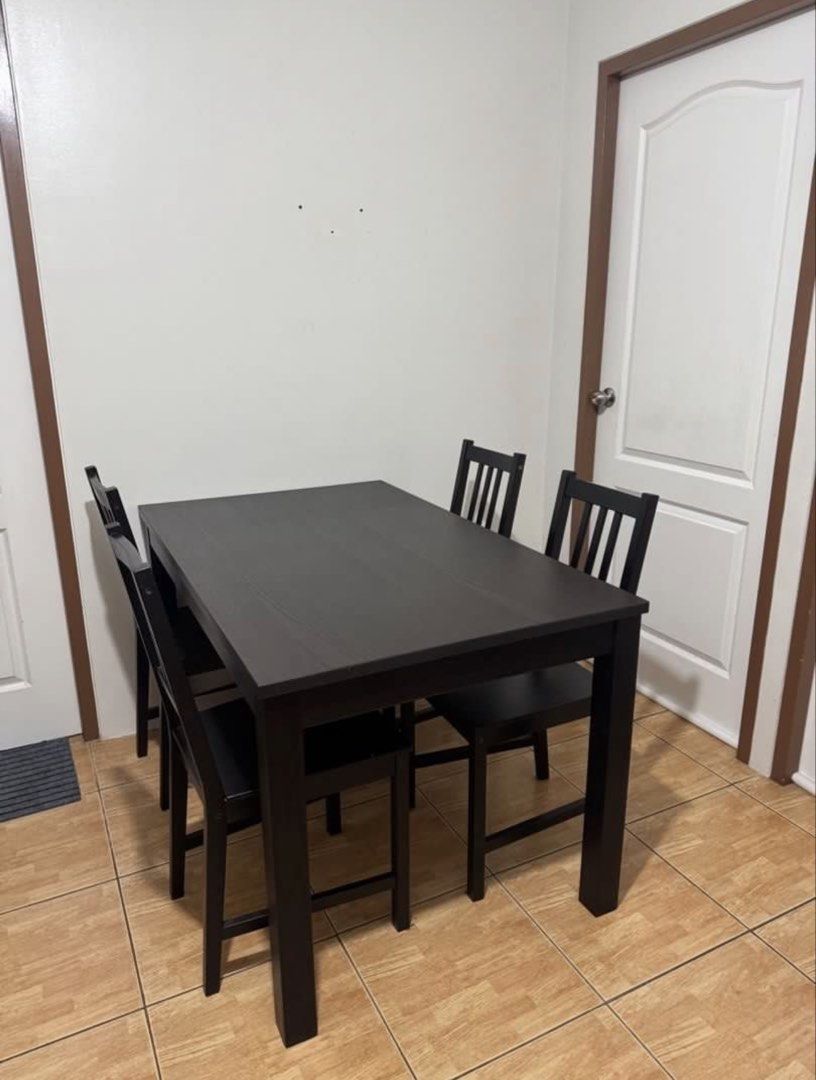 IKEA LANEBERG Dining Table with 4 Chairs (Category: Tables & Sets) located in Pasig City. Submitted by tmdqrs (Listing ID 1439426855, Image 2). Description: - IKEA STEFAN dining table set in brown-black. - Includes a rectangular table and four chairs. - Table dimensions: 190cm (L) x 80cm (W) x 75cm (H). - Chair dimensions: 90cm (H) x 42cm (W) x 45cm (D). Ikea Laneberg in Brown Dining Set - 1pc Extendable table (see pic for size reference) - 4pcs 
