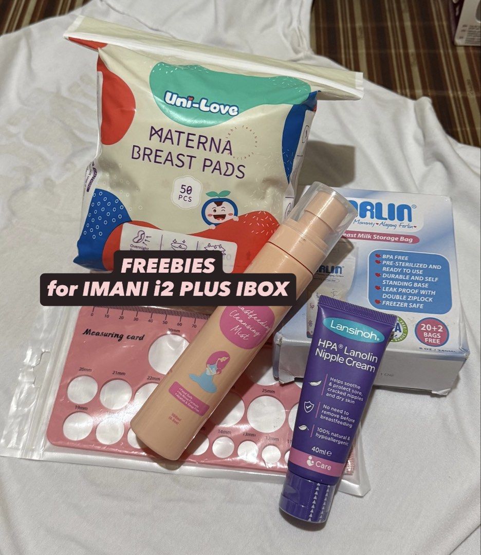 Imani i2 Plus Wearable Breast Pump + Freebies (Category: Breastfeeding & Bottle Feeding) located in Quezon City. Submitted by reinassancee (Listing ID 1439525425, Image 2). Description: - Imani i2 Plus wearable breast pump - Includes accessories - BM bottles, inserts, and caps included - Freebies: - Uni-Love Materna Breast Pads - Lansinoh HPA Lanolin Nipple Cream - Farlin Breast Milk Storage Bag - Breastfeeding Cleaning Mist - Additional accessor