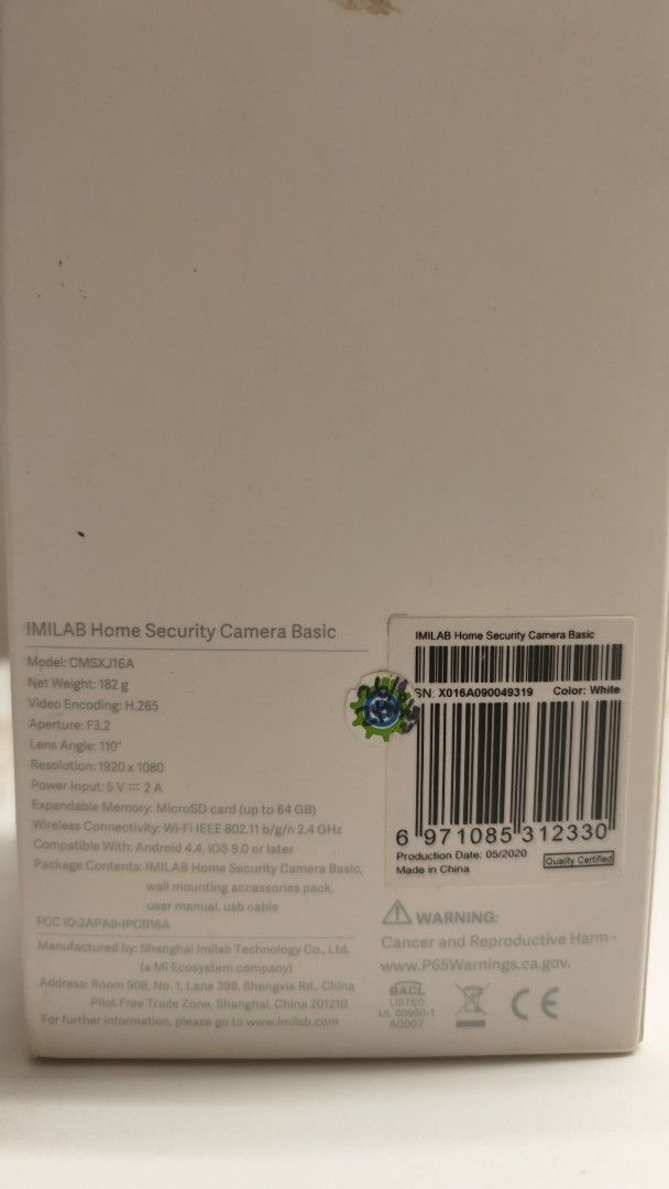 IMILAB Home Security Camera Basic (Category: Security Systems & CCTV Cameras) located in Singapore. Submitted by ngws33 (Listing ID 1439567921, Image 3). Description: - Like new IMILAB Home Security Camera Basic - Use with Xiaomi Home app - 1080P HD Resolution - 360° Panoramic View - Infrared Night Vision - Two-Way Communication - Multi-Speed Playback - Comes in Original Packaging - Ideal for Home Security.