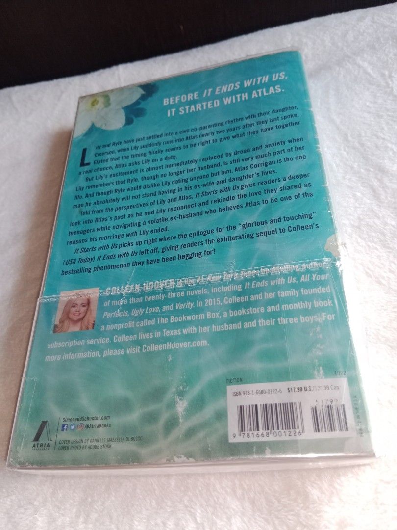 It Starts With Us by Colleen Hoover (Category: Storybooks) located in Manila. Submitted by angeloarce64172 (Listing ID 1439445162, Image 3). Description: - "It Starts With Us" by Colleen Hoover - Sequel to "It Ends With Us" - English language - Features a turquoise cover with floral accents - Brand new, in original packaging.
