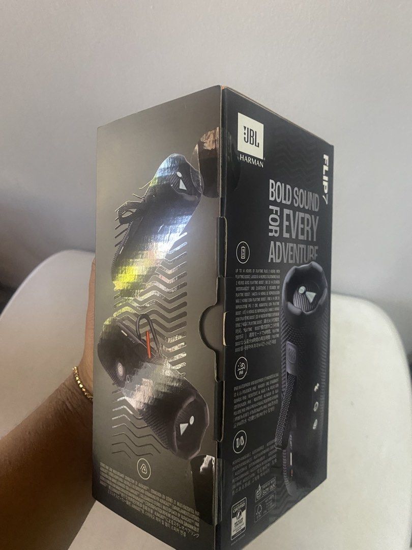 JBL Flip 7 Bluetooth Speaker (Category: Soundbars, Speakers & Amplifiers) located in Paranaque City. Submitted by riaboo (Listing ID 1439463291, Image 2). Description: Brand new and sealed. Meet up only Can be opened upon meet up - JBL Flip 7 Portable Bluetooth Speaker - Bluetooth v5.4 - 16-hour battery life - Designed for bold sound - Perfect for adventures - Features JBL and Harman branding on the box.