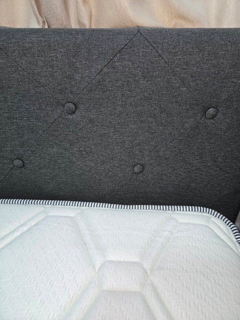 King Size Bed Frame (Category: Bed Frames & Mattresses) located in Singapore. Submitted by staceycha00997 (Listing ID 1439515079, Image 3). Description: - King-size bed frame - Dark grey bed frame - Button-tufted headboard - space underneath - originally from Robinsons department store.