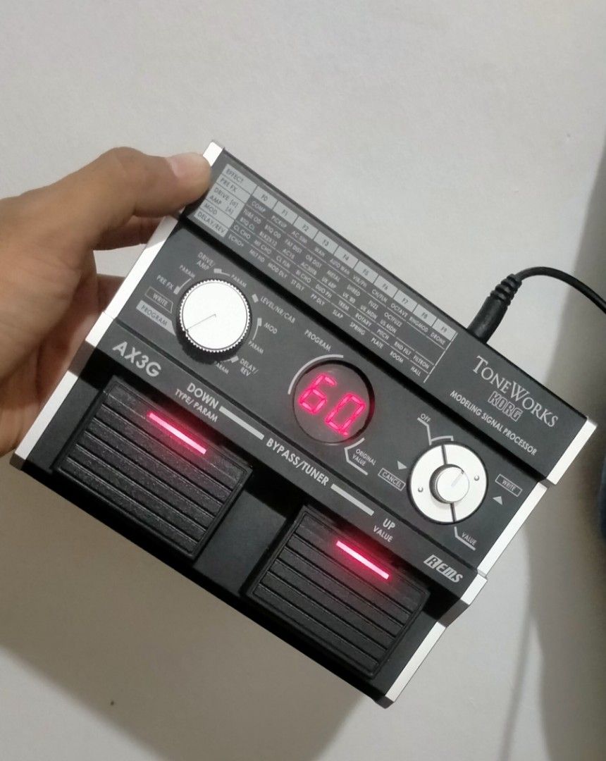 Korg ToneWorks AX3G multi fx (Category: Musical Instruments) located in Imus. Submitted by banayadwhisky (Listing ID 1439581716, Image 2). Description: for sale or trade sa ibang guitar pedals offer lang. - Korg ToneWorks AX3G multi-effects processor - Built-in tuner - Wide range of effects - Includes two foot pedals (bypass/tuner, up/down) - Made in Japan - Multiple input/output jacks - Digital display - Stylish black and silver design loc. rosa