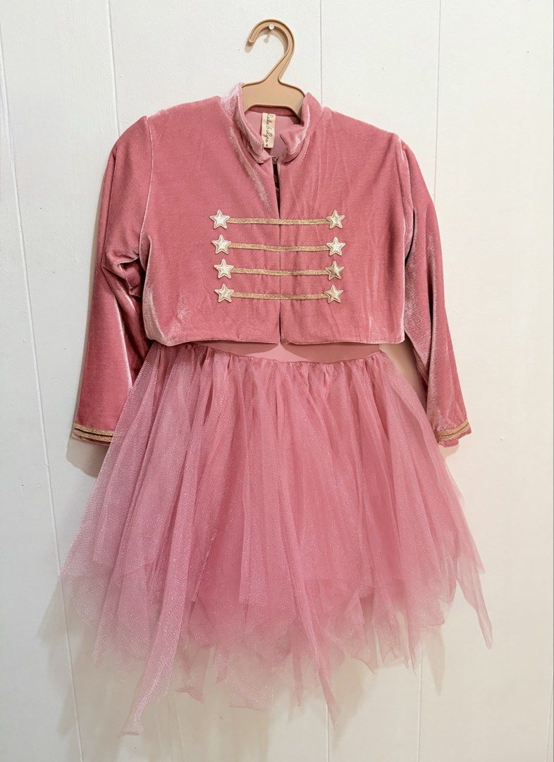 Laila and Layra Pink Velvet Jacket and Tulle Skirt Set (Category: Babies & Kids Fashion) located in Valenzuela. Submitted by anichkacloset (Listing ID 1439520274, Image 1). Description: Laila and Layra pink velvet jacket with star details and gold trim, paired with a matching tulle skirt. Nutcracker outfit. Perfect for special occasions. Size 8. .