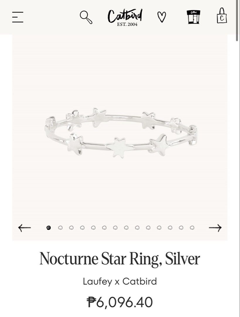 Laufey x Catbird Nocturne Ring Silver (Size 8) (Category: Rings) located in Las Pinas. Submitted by rdrecords (Listing ID 1439521511, Image 2). Description: Bought from Catbird NY. Will include the sticker with it! Size 8, silver. Needs a bit of cleaning. Can meet-up in MOA! Shipping with the original box..