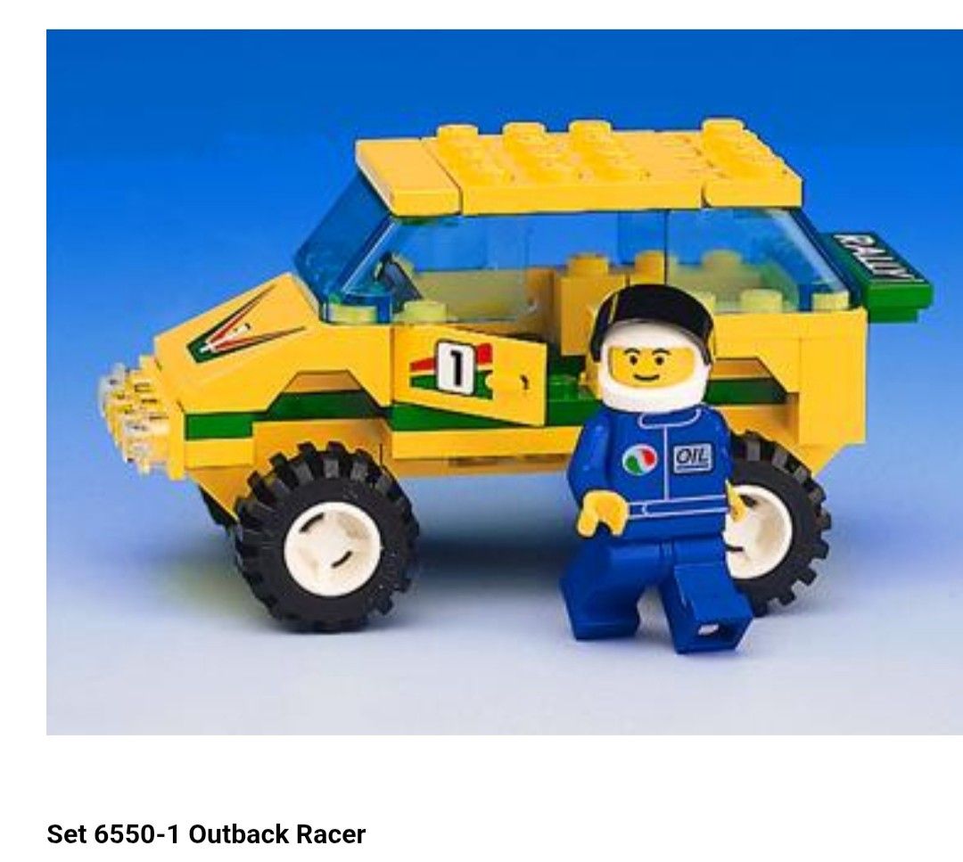 Lego Vintage Outback Racer (Category: Lego & Building Sets) located in Quezon City. Submitted by vincentgo2024 (Listing ID 1439494588, Image 3). Description: - Lego City off-road vehicle set - Yellow off-road vehicle with green and red design - Includes a minifigure in a blue racing suit - Vehicle features large black tires and a yellow roof rack.