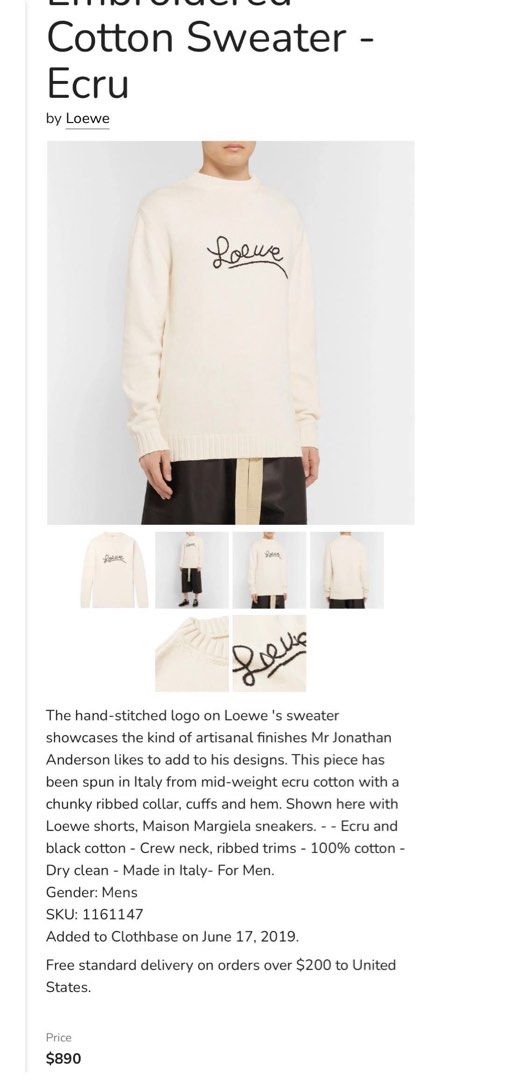 Loewe Embroidered Cotton Sweater - Ecru (Category: Coats, Jackets and Outerwear) located in Manila. Submitted by jaspermack50866 (Listing ID 1439587339, Image 1). Description: - Loewe ecru cotton sweater - Crew neck design - Ribbed trims and cuffs - Made in Italy - Mid-weight cotton - Hand-stitched Loewe logo - Size tag visible in images - Dry clean only.