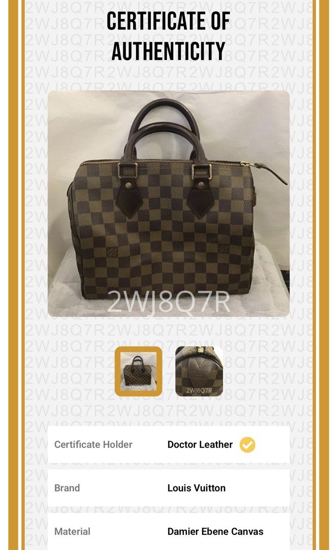 Louis Vuitton Speedy 25 Damier Ebene with ENTRUPY (Category: Luxury Bags & Wallets) located in Quezon City. Submitted by mamamars1987 (Listing ID 1439534527, Image 2). Description: - Authentic Louis Vuitton Speedy 25 - Damier Ebene pattern - Excellent preloved condition - Includes Entrupy certificate, locks and key, dustbag and free bag organizer inside Still 9/10 condition for me except for some sign of usage See last 2 pics for signs of usage :