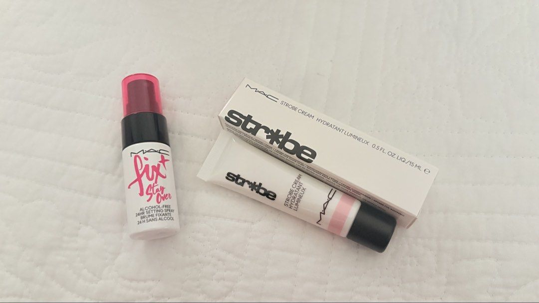 MAC Gift pouch with Travel size Fix plus spray & Strobe cream (Category: Makeup) located in Makati City. Submitted by leilei10 (Listing ID 1439423741, Image 2). Description: TAKE ALL Brand New Mac Gift set pouch with strobe cream and fix plus spray MOP: Gcash ETA: June 22,2026 Shipping fee to be shouldered by buyer .