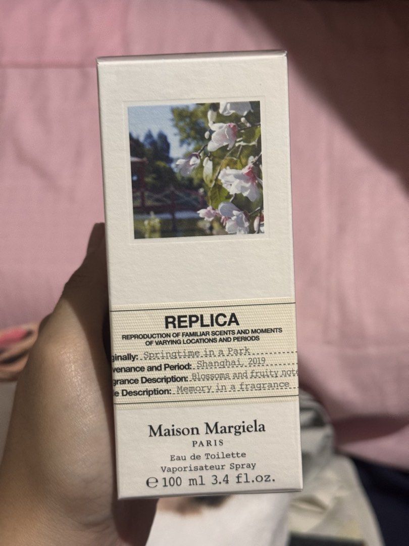 Maison Margiela Replica Springtime in a Park 100ml (Category: Fragrance & Deodorants) located in Manila. Submitted by celineeees (Listing ID 1439567817, Image 1). Description: Maison Margiela Replica Springtime in a park Eau de Toilette - light, delicate floral lalamove/grab/j&t from valenzuela or qc sa work ko, other locs available depending on sched.