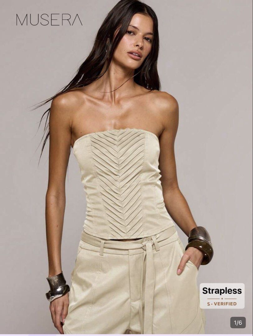 MUSERA Strapless Tube Top and Shorts Set (Category: Sets or Coordinates) located in Taguig. Submitted by gheii (Listing ID 1439474965, Image 3). Description: - MUSERA strapless top and shorts set - Top: Pleated design - Shorts: Tailored fit, belt loops, tie detail - Color: Neutral - Style: Chic and modern look - Perfect for versatile outfits.