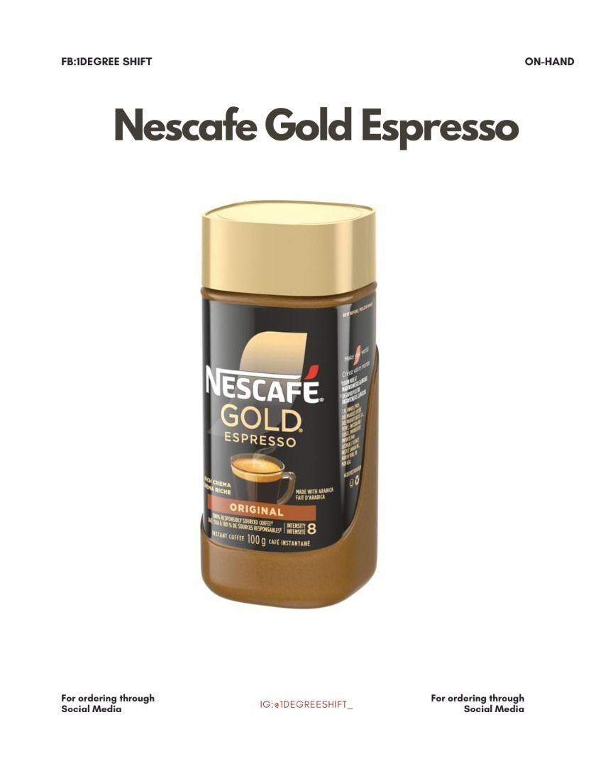 Nescafe Gold Espresso Original 100g (Category: Beverages) located in Caloocan City. Submitted by beady06 (Listing ID 1439593834, Image 1). Description: - Nescafe Gold Espresso Original - Instant espresso coffee - 100g jar - Makes 8 servings - Rich espresso flavor - Perfect for coffee lovers.