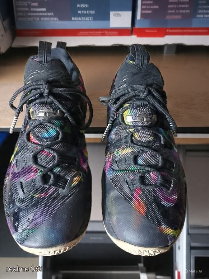 Nike LeBron 12 Low (Category: Sneakers) located in Caloocan City. Submitted by donflorald57310 (Listing ID 1439465187, Image 2). Description: - Nike LeBron 12 Low sneakers - Black upper with colorful design - Nike swoosh logo - Black laces - Visible air sole - Soles show some wear.