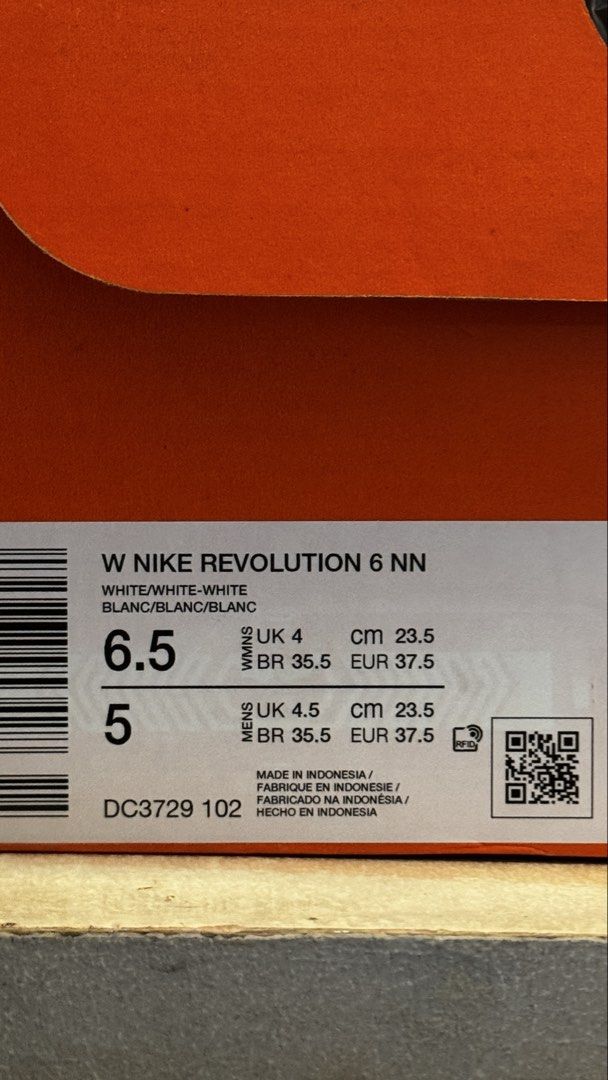 Nike Revolution 6 NN White Sneakers (Category: Sneakers) located in Makati City. Submitted by thegeuxarchive (Listing ID 1439440965, Image 2). Description: RFS: wrong Size Selling as is - Nike Revolution 6 NN sneakers - Size: US Women's 6.5 - Color: White - Upper: White mesh - Swoosh: White Nike - Made in Indonesia - Condition: Soles show wear - Includes original box.