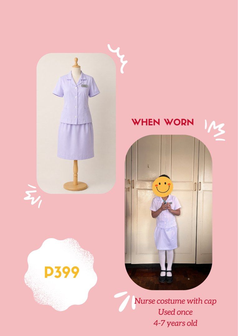 Nurse costume set with cap (Category: Babies & Kids Fashion) located in Quezon City. Submitted by ajmlnd (Listing ID 1439459885, Image 1). Description: Used once for a stage play.