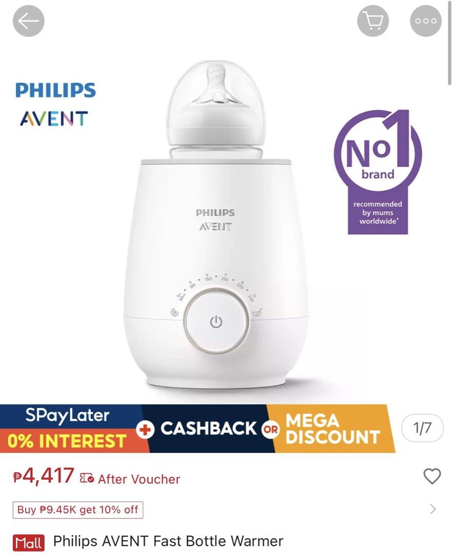 Philips Avent Fast Bottle Warmer (Category: Breastfeeding & Bottle Feeding) located in Pasig City. Submitted by apcal (Listing ID 1439436172, Image 2). Description: Bought at ₱4000 Used for only 2 months All working, no box included - Philips Avent Fast Bottle Warmer - Quickly warms baby bottles - Features a dial for adjusting warming time - White exterior with Philips Avent logo - Includes power cord with European plug.