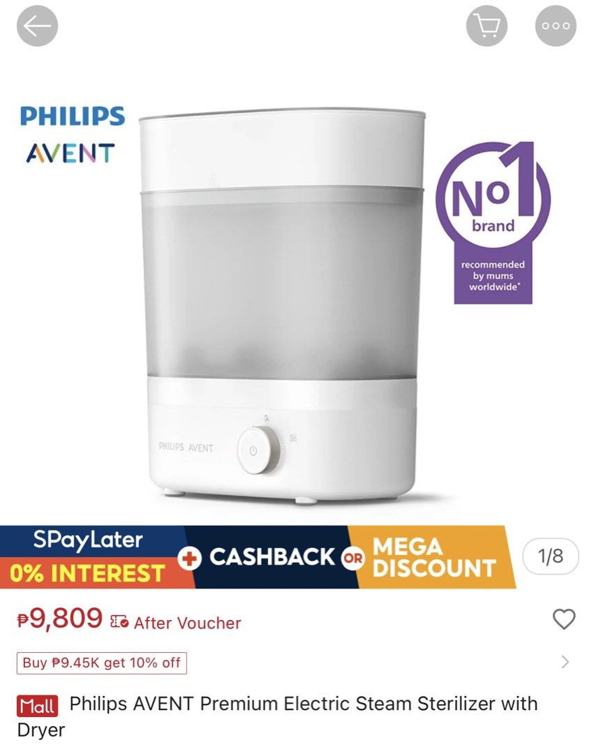Philips Avent Premium Electric Steam Sterilizer (Category: Breastfeeding & Bottle Feeding) located in Pasig City. Submitted by apcal (Listing ID 1439436363, Image 2). Description: Bought for ₱9,800 Selling for only ₱5,500 Lightly used only. No box included - Philips Avent Premium Electric Steam Sterilizer - Electric steam sterilization for baby bottles and accessories - Includes: base, basket, and lid - Easy to use with a simple power button - De