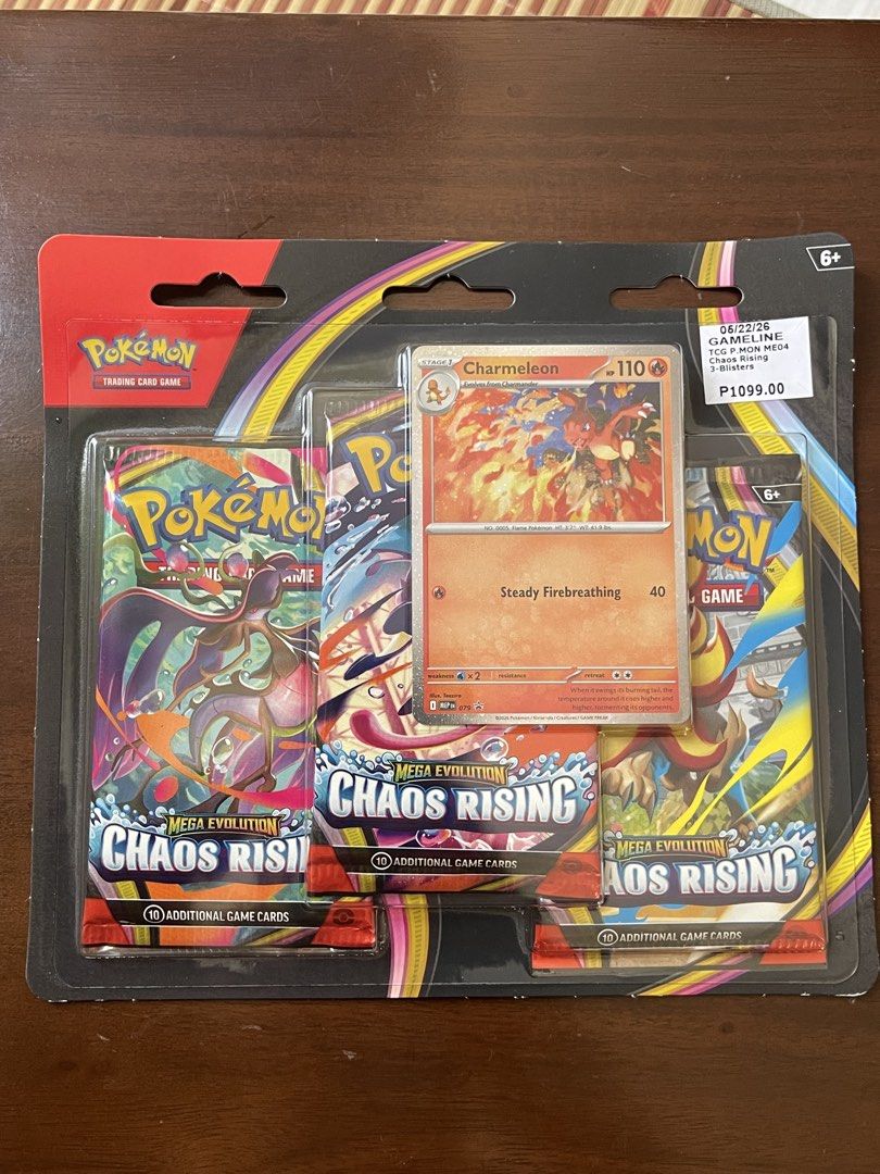 Pokemon TCG Mega Evolution Chaos Rising Booster Packs (Category: Card Packs) located in Manila. Submitted by grailsbypablo (Listing ID 1439432207, Image 3). Description: Price for attention only. Message me for more details Sealed Pokemon TCG Mega Evolution Chaos Rising booster packs. 2X 4 pcs Booster Pack Art Set 3 pcs Sleeved Loose Booster Packs 1x Blister Pack with Charmeleon Promo Card (SOLD) .
