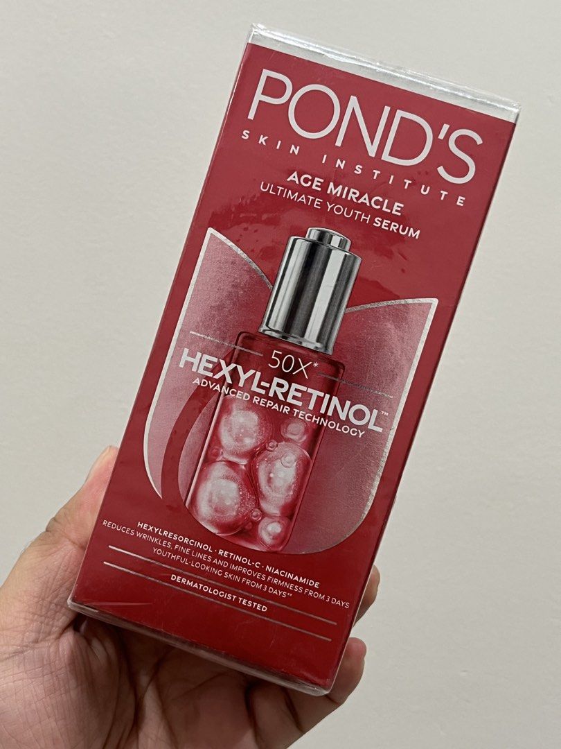 Pond's Age Miracle Ultimate Youth Serum (Category: Face Care) located in Quezon City. Submitted by missgistic (Listing ID 1439440970, Image 1). Description: BRAND NEW !!! Expiration Date:09/2027 Original Price 1k+++ - Pond's Age Miracle Ultimate Youth Serum with Hexyl-Retinol - Reduces wrinkles and fine lines in just 3 days - Improves skin firmness - Key ingredients: Hexylresorcinol, Retinol-C, and Niacinamide - Dermatologist-tested - 30g bottle.