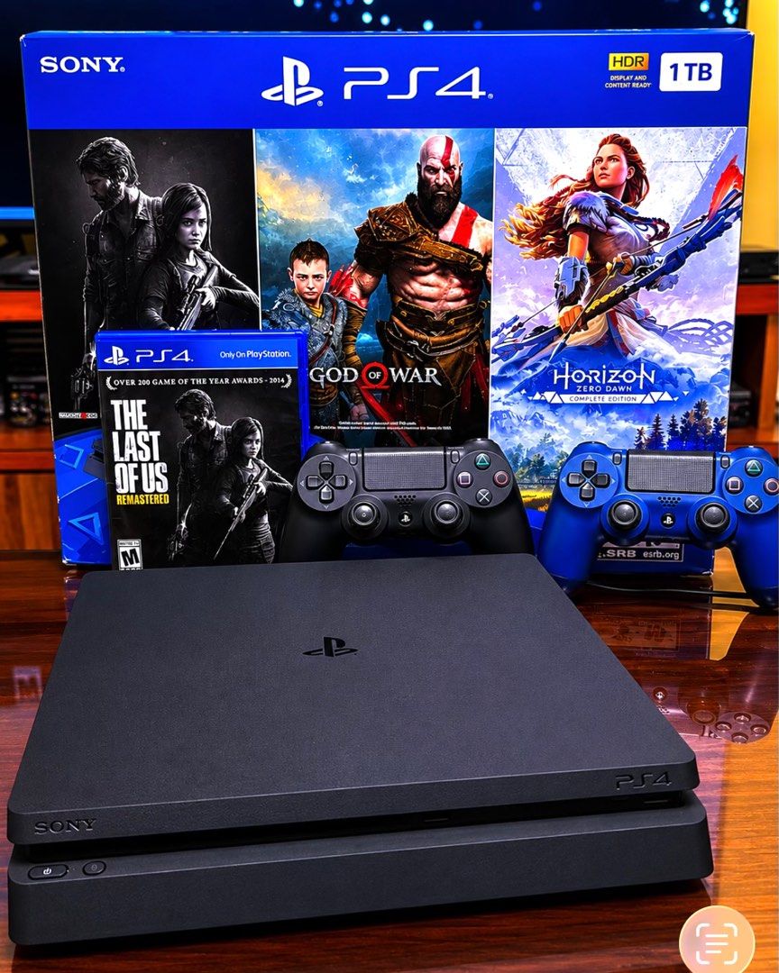 PS4 Slim 1TB Bundle — 2 Controllers + 5 Games (Category: PlayStation) located in San Pedro. Submitted by mycahangela (Listing ID 1439525106, Image 1). Description: PS4 Slim 1TB in great working condition. Everything has been tested and is functioning properly. Ready to plug and play. Includes: • PS4 Slim Console (1TB) • 2x DualShock 4 Controllers • Power Cable • The Last of Us Remastered ( Disc) Digital Games Included: • God of War (2018) • Horiz