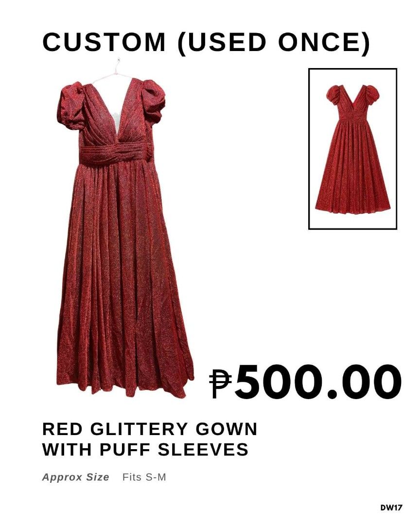 Red Glittery Gown with Puff Sleeves (Category: Evening dresses & gowns) located in Quezon City. Submitted by new.help_tyn_declutter10 (Listing ID 1439491238, Image 1). Description: - Custom-made red glitter gown - Features puff sleeves and a V-neckline - Elegant flowing silhouette - Worn only once - Fits sizes S and M - Ideal for special occasions.