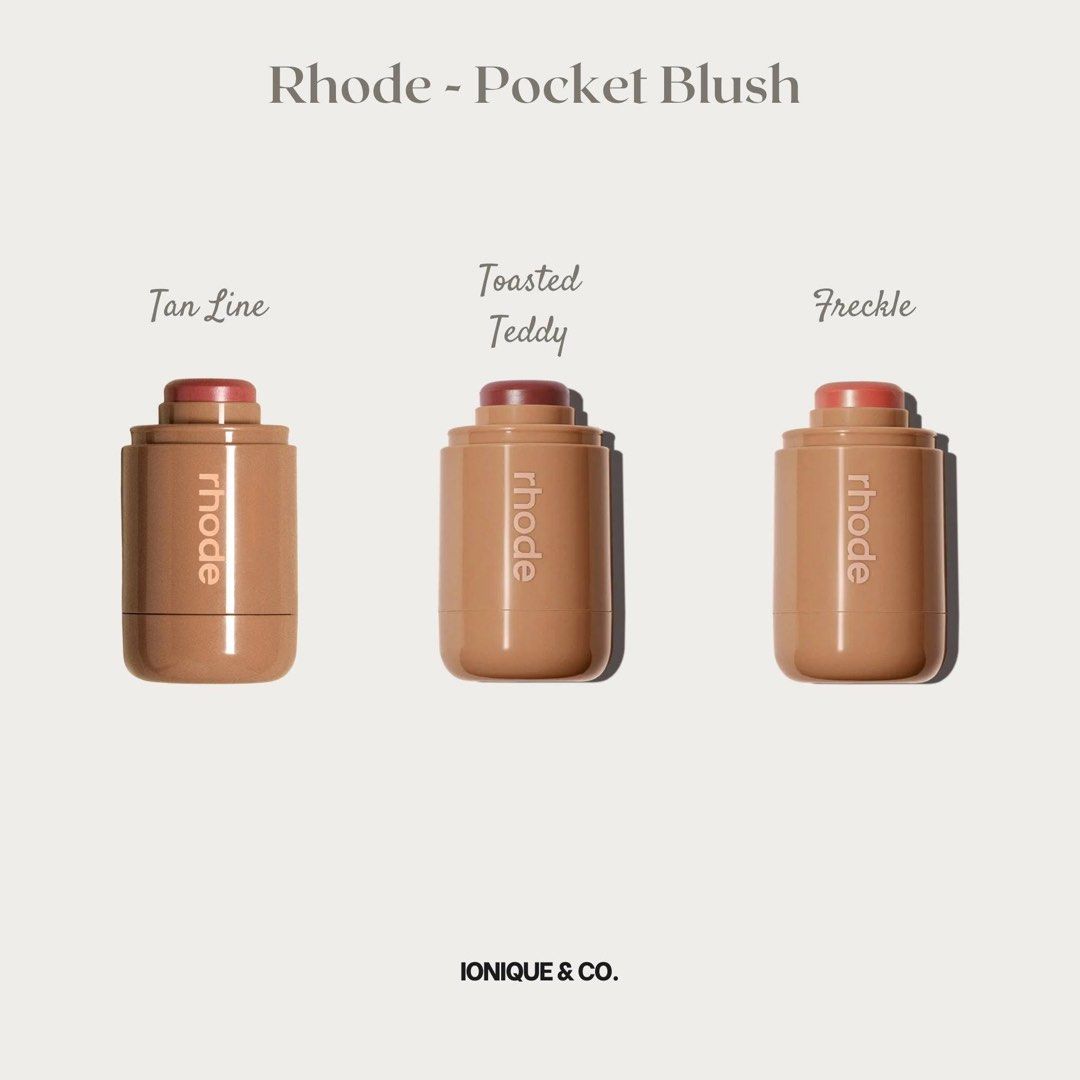 Rhode Pocket Blush (Category: Makeup) located in Manila. Submitted by ionique.co (Listing ID 1439599372, Image 1). Description: available shade on hand toasted teddy tan line - sold freckle other shades for pre-order.