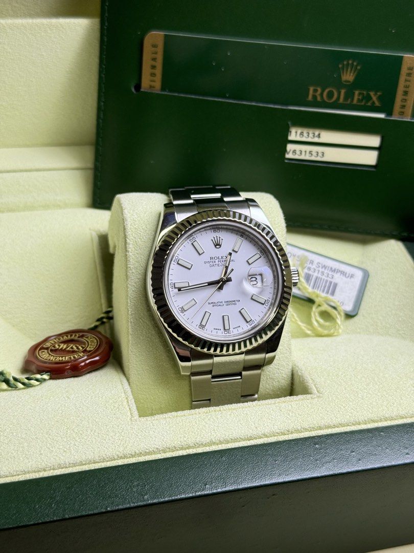 Rolex Datejust 41 (Category: Luxury Watches) located in Quezon City. Submitted by LuxPieces (Listing ID 1439603985, Image 3). Description: Rolex Datejust Size 41MM - Full Size Full Set Year 2010 White Stick Dial White Gold Bezel Ref. 116334 550k only CHEAPEST IN THE MARKET.