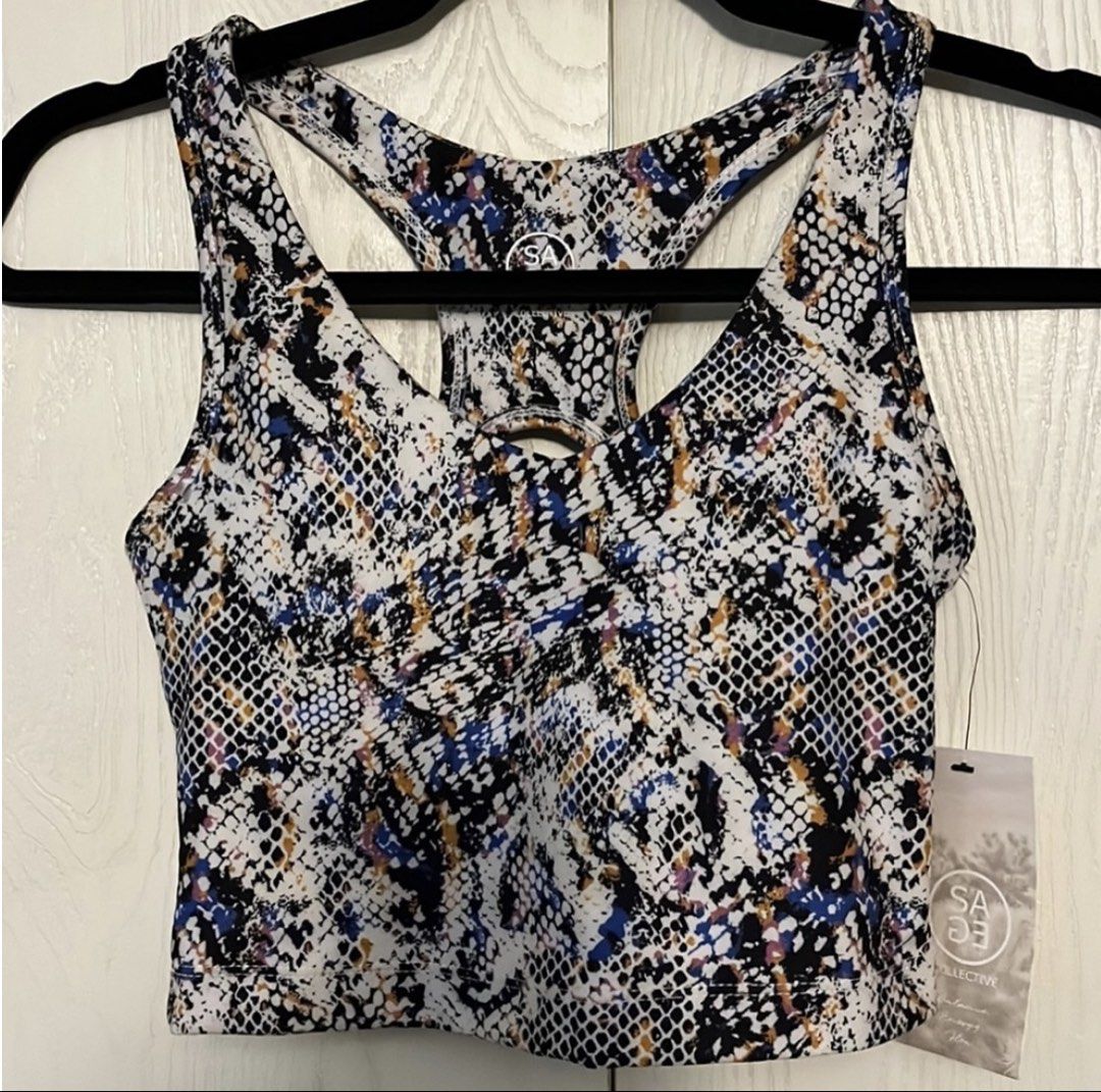 Sage Collective Sports Bra (Category: Activewear) located in Quezon City. Submitted by babybutton2018 (Listing ID 1439465995, Image 1). Description: - Sage Collective sports bra - Size: M - Eye-catching snakeskin print - Multi-color design - Racerback style - Keyhole back detail - Original price: "$45.00" - Brand new RFS: Decluttering.