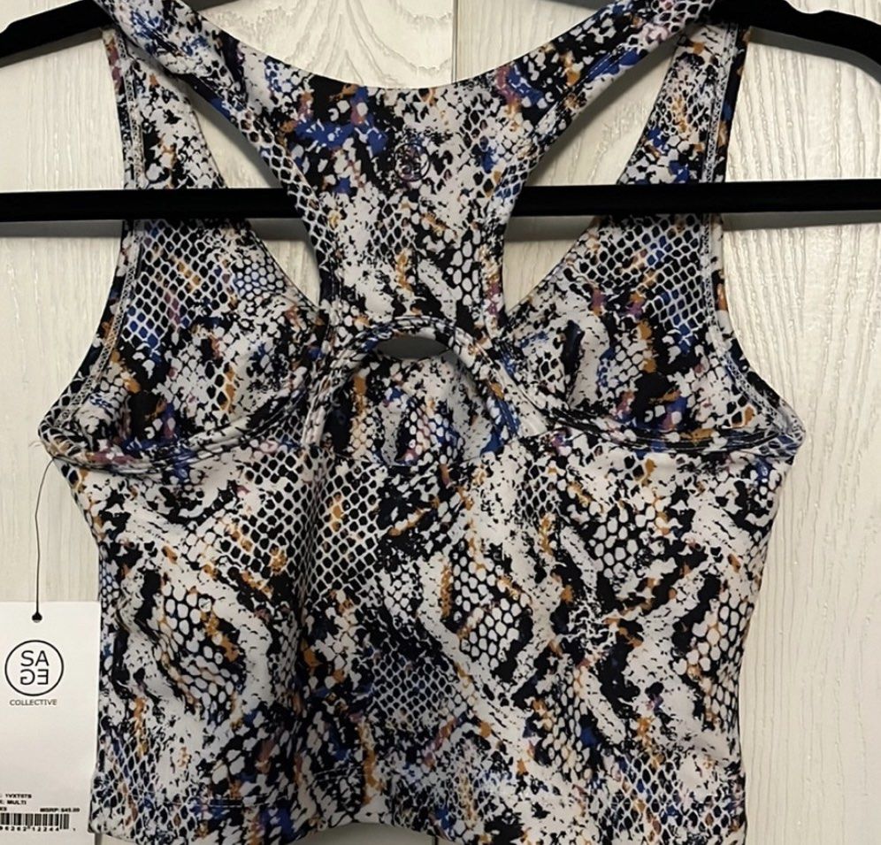 Sage Collective Sports Bra (Category: Activewear) located in Quezon City. Submitted by babybutton2018 (Listing ID 1439465995, Image 2). Description: - Sage Collective sports bra - Size: M - Eye-catching snakeskin print - Multi-color design - Racerback style - Keyhole back detail - Original price: "$45.00" - Brand new RFS: Decluttering.