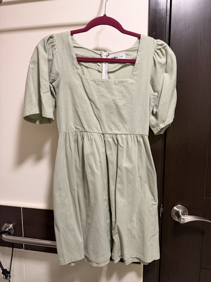 Sage Green Square Neck Dress (Category: Dresses) located in Quezon City. Submitted by bsrys (Listing ID 1439573589, Image 2). Description: - Sage green dress - Square neckline - Short puff sleeves - Fitted waist - Flared skirt - Lightweight fabric - Back zipper closure - With Pockets RFS: Decluttering.
