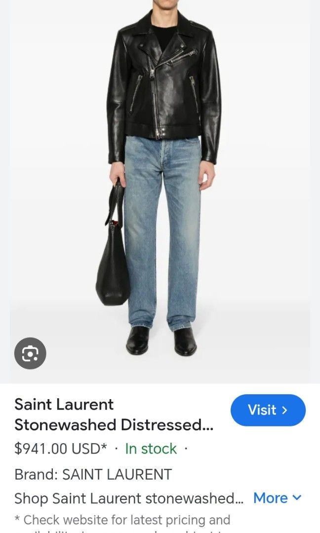 Saint laurent D37 Stonewashed straight jeans (Category: Jeans) located in Polomolok. Submitted by instajunk.phv2 (Listing ID 1439568967, Image 1). Description: Saint laurent D37 Stonewashed straight jeans 29-30*42 Posted on farferch for 940$ selling it for 2499php Highlights blue cotton denim stonewashed belt loops at the waist classic five pockets distressed effect mini logo patch to the rear straight leg front button and zip fastening.