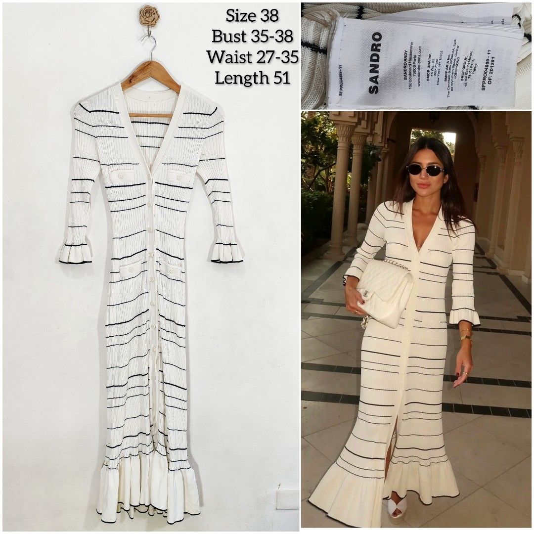 Sandro Striped Knit Dress Size 38 (Category: Dresses) located in Marikina City. Submitted by Essential.Gallery_ (Listing ID 1439598569, Image 1). Description: - Sandro knit dress - Size 38 - White with black horizontal stripes - V-neckline - Long sleeves with flared cuffs - Button-down front - Waist: 27-35 inches - Length: 51 inches - Perfect for a chic look.