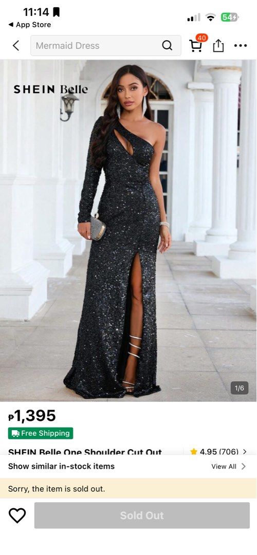 SHEIN Belle One Shoulder Cut Out Split Formal Dress (Category: Dresses) located in Rizal. Submitted by kcezar (Listing ID 1439447566, Image 1). Description: -formal maxi dress - one-shoulder design - slit thigh - Sequin material - slight stretchable my body references (medium size, 29 waistline, 5’5” height) Used once only. .
