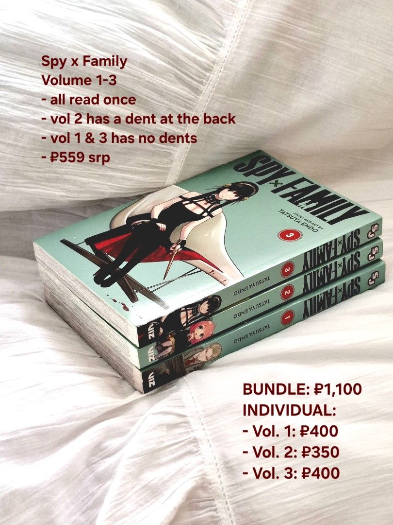 [BUNDLE] Spy x Family Volume 1-3 (Category: Comics & Manga) located in Manila. Submitted by strwbrryluv.shop (Listing ID 1439540986, Image 1). Description: Spy x Family manga volumes 1-3 - Read only once. - Bundle Price: ₱1,100 - Individual Prices: - Volume 1: ₱400 - Volume 2: ₱350 (minor dent at the back) - Volume 3: ₱400.