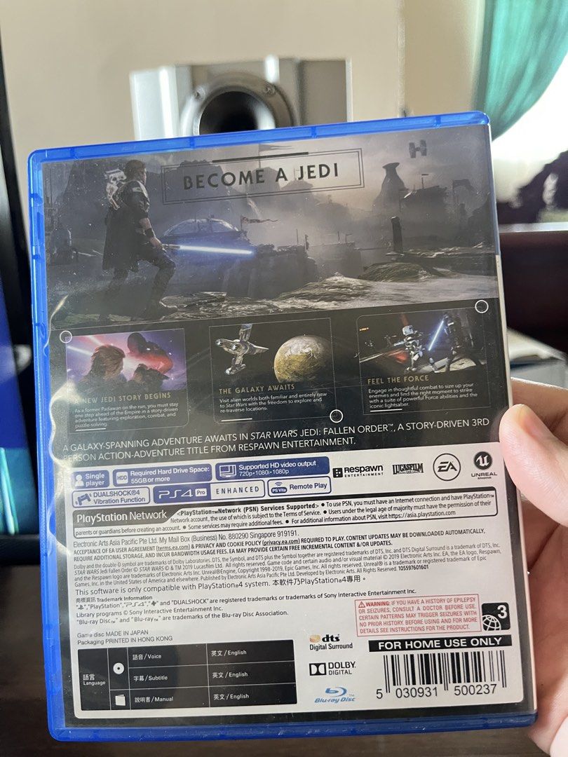 Star Wars Jedi: Fallen Order - PS4 (Category: PlayStation) located in Pasay City. Submitted by patlibunao18 (Listing ID 1439475579, Image 2). Description: - Star Wars Jedi: Fallen Order for PlayStation 4 - Story-driven 3rd person action adventure game - Single-player campaign - Rated ADV 16 - Supports enhanced video output - Includes Blu-ray disc - Published by Electronic Arts.