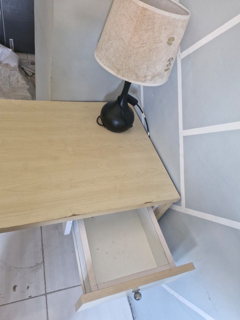 Table with free lamp(walang bulb) but working (Category: Tables & Sets) located in Quezon City. Submitted by calmwolf_59babe (Listing ID 1439545596, Image 1). Description: Issue seen on pictures. Goods pa rin for working table.