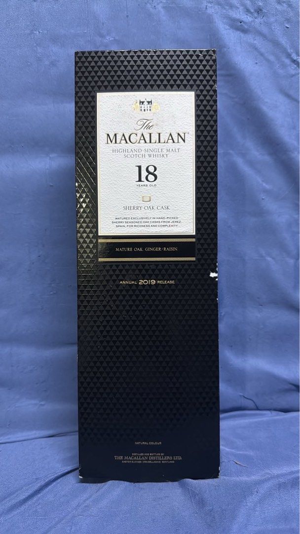 The Macallan 18 Year Old Sherry Oak Cask (Category: Beverages) located in Manila. Submitted by judassssss (Listing ID 1439566247, Image 2). Description: FOR SALE ONLY! (no to swap or any offer) - Macallan 18 Year Old Highland Single Malt Scotch Whisky - Annual 2019 Release - Sherry Oak Cask - Flavor Profile: Mature oak, ginger, and raisin.