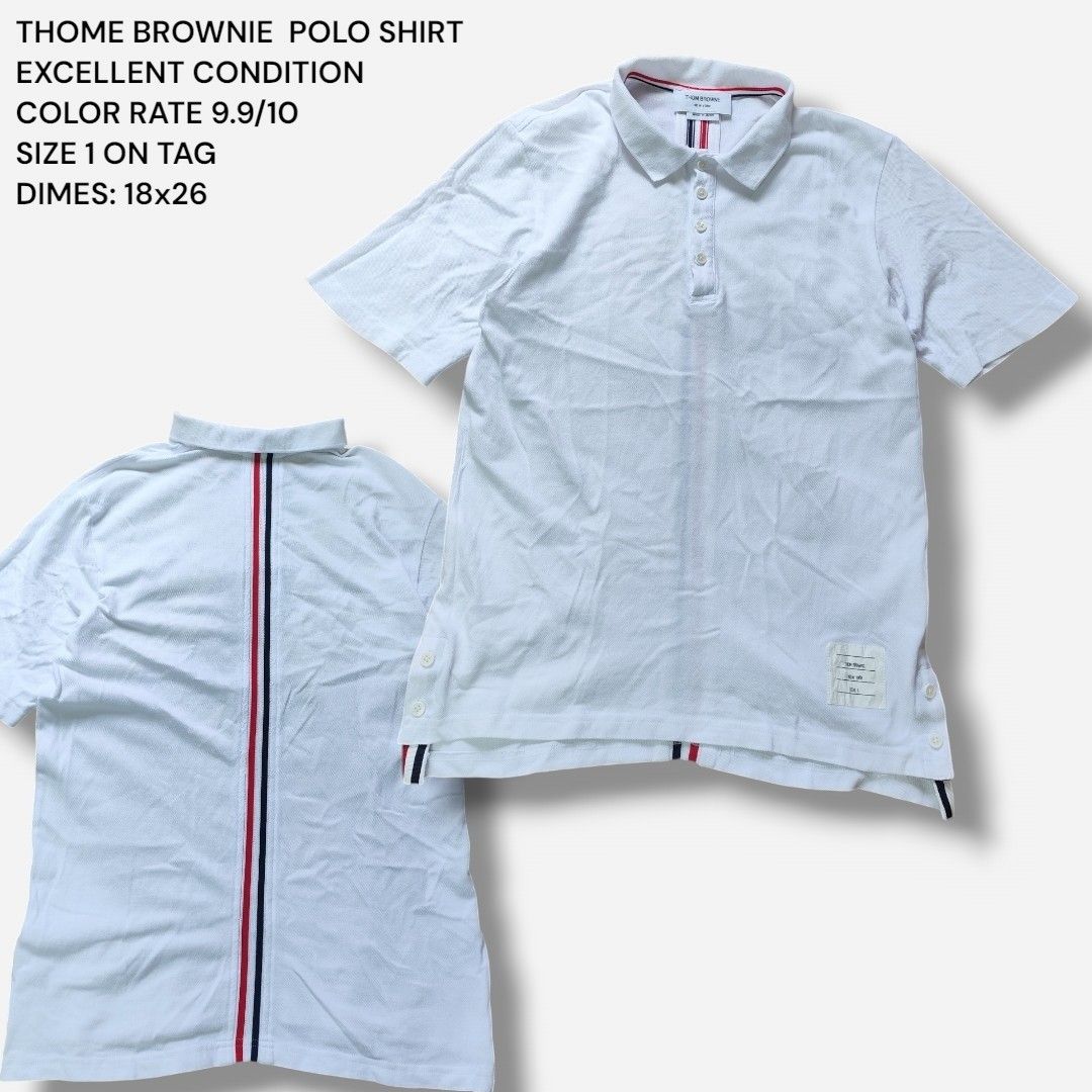 Thom Browne Polo Shirt Size 1 (Category: Tshirts & Polo Shirts ) located in San Jose. Submitted by galitsabarat (Listing ID 1439501927, Image 1). Description: - White Thom Browne polo shirt - Classic polo collar with red, white, and blue stripes - Button-down placket - Short sleeves - Back features vertical red, white, and blue stripe design - Size 1 on tag - Dimensions: 18x26.