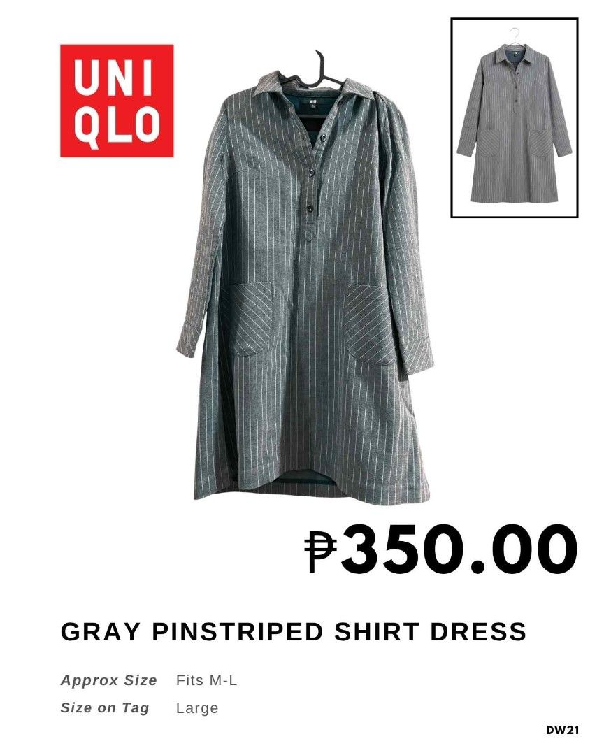 Uniqlo Gray Dress (Category: Dresses) located in Quezon City. Submitted by new.help_tyn_declutter10 (Listing ID 1439493342, Image 1). Description: - Uniqlo gray pinstriped shirt dress - Collared neckline - Long sleeves - Two front pockets - Button-down front - Size: Large (fits M-L) - Perfect for a casual, stylish look.