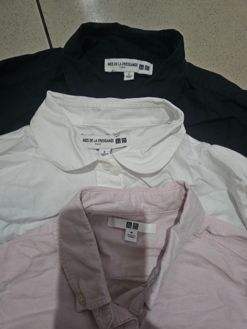 Uniqlo Long Sleeve Shirts (Category: Coats, Jackets and Outerwear) located in Marikina City. Submitted by charmaine185845 (Listing ID 1439523454, Image 3). Description: - Set of three Uniqlo long sleeve shirts - Colors: Navy blue and White (Ines De La Fressange) and Pink Oxford - Features button-down closures and collared necks - Pink : Medium - White and Navy Blue : Small.