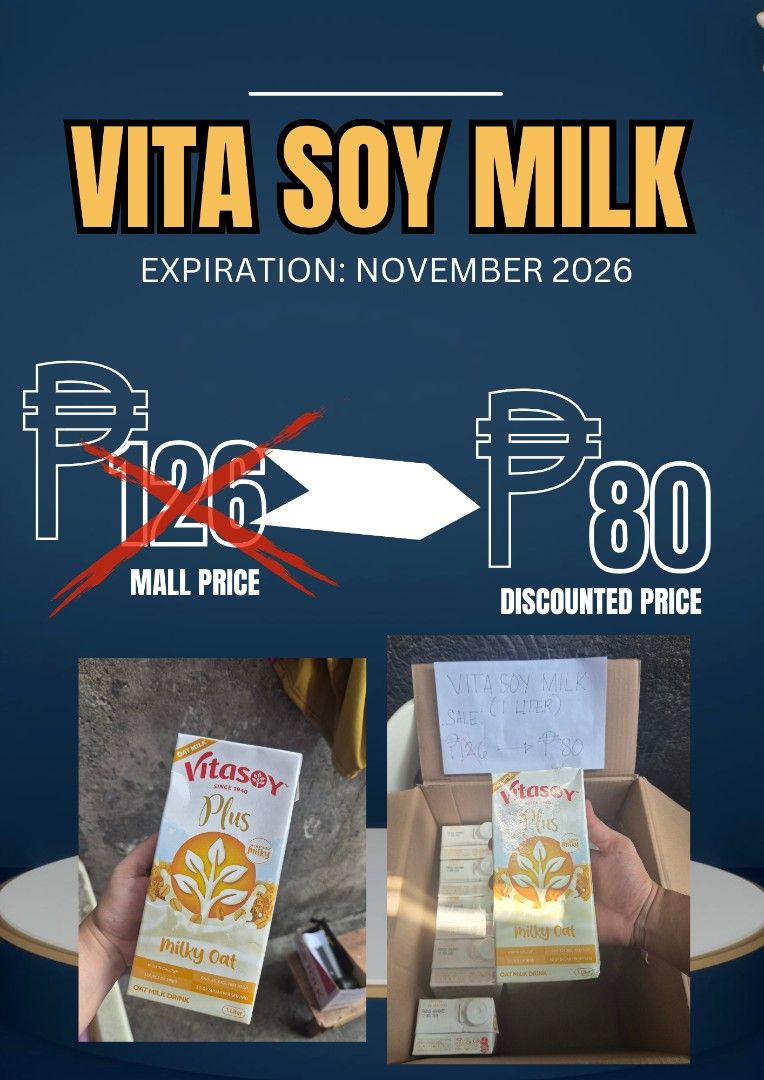 Vitasoy Plus Milky Oat Milk Drink (Category: Health Food, Drinks & Tonics) located in Quezon City. Submitted by Rurikomarie (Listing ID 1439473152, Image 1). Description: FOR SALE!! SUPER SULIT DEALS! Check my page for more sale items! LOCATION: Novaliches, Quezon City - Vitasoy Plus Milky Oat Milk Drink - 1 liter per pack - Expiration Date: November 2026 - Discounted Price: ₱80 (Original Price: ₱126).