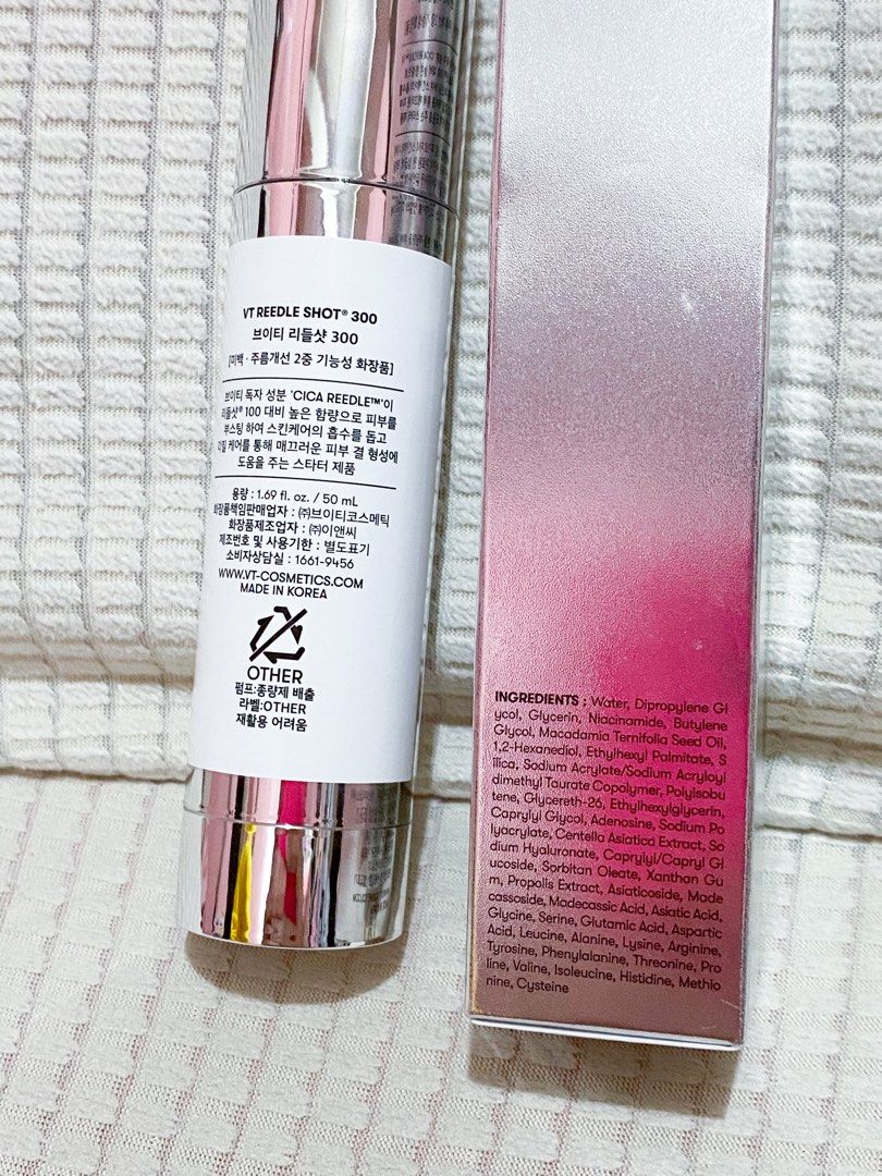 VT Cosmetics Reedle Shot 300 10ml Decant (Category: Face Care) located in Manila. Submitted by tryitoutfirst (Listing ID 1439600878, Image 2). Description: Decant 10ml see expiration date in box - VT Reedle Shot 300 serum - 50ml - Refines skin and removes dead skin cells - Expiration Date: 20270708 - Key Ingredients: Water, Glycerin, Niacinamide, and more - Made in Korea.