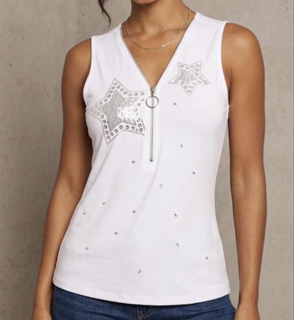White Star Embellished Tank Top (Category: Sleeveless) located in Angeles City. Submitted by deyninazd (Listing ID 1438456937, Image 1). Description: - White tank top - Star-shaped rhinestone and stud embellishments - Silver zipper closure - Ring detail at neckline - Sleeveless - Size: XXL (EU 52, P 20).