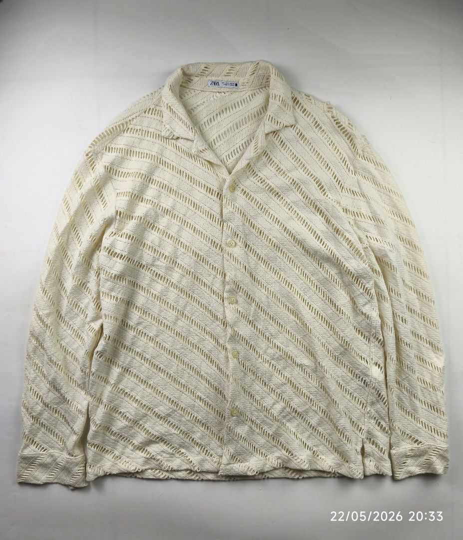 Zara cream crochet shirt (Category: Formal Shirts) located in Manila. Submitted by corner_finds (Listing ID 1439483587, Image 1). Description: size L on tag pit to pit 22.5' length 26.5' no flaws 9.5/10 condition 999+sf dm.