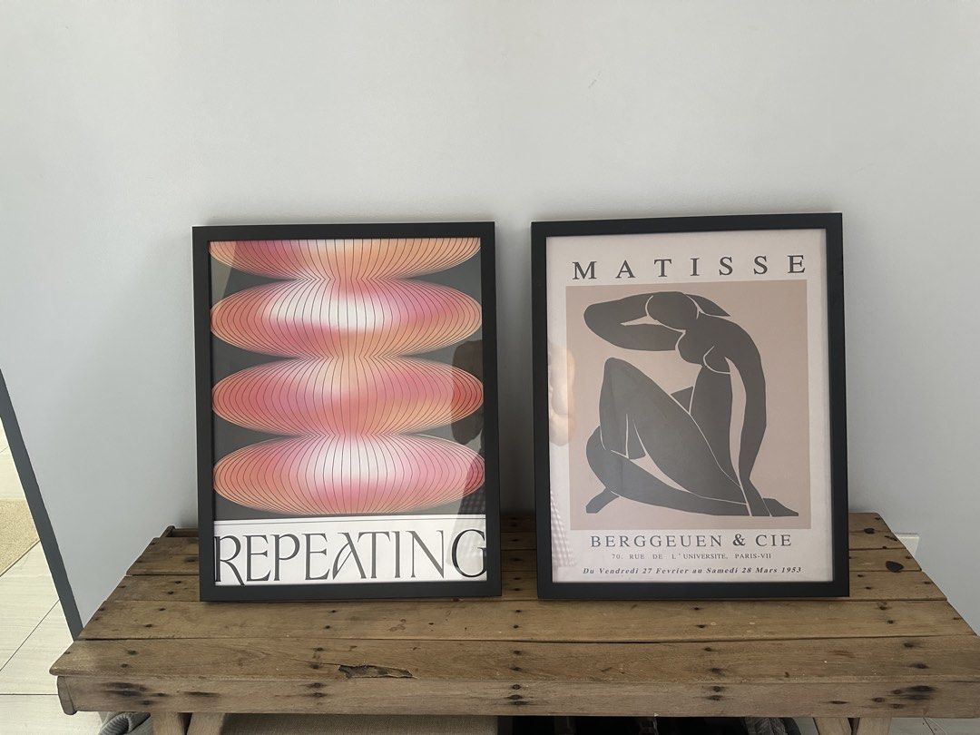 2pcs Frame 40x50 cm + Art Prints - Matisse & Abstract (Category: Frames & Pictures) located in Mandaluyong City. Submitted by bykneel (Listing ID 1439640538, Image 1). Description: - Set of two framed art prints 40x50 cm - Includes a Matisse print with a figure - Features an abstract design print - Both prints are framed in black - Prints displayed on a wooden surface - Matisse print includes text from Berggruen & Cie, Paris-VII.