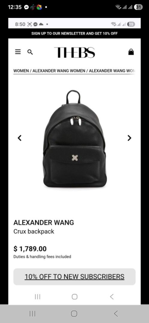 Alexander Wang Crux Backpack (Category: Luxury Bags & Wallets) located in Lemery. Submitted by venus23 (Listing ID 1439700492, Image 2). Description: - Black Alexander Wang Crux backpack - Front pocket with silver-tone metal accent - Top handle - Adjustable straps - Metal feet on the bottom - Zipper closure - Brand name embossed on the back.