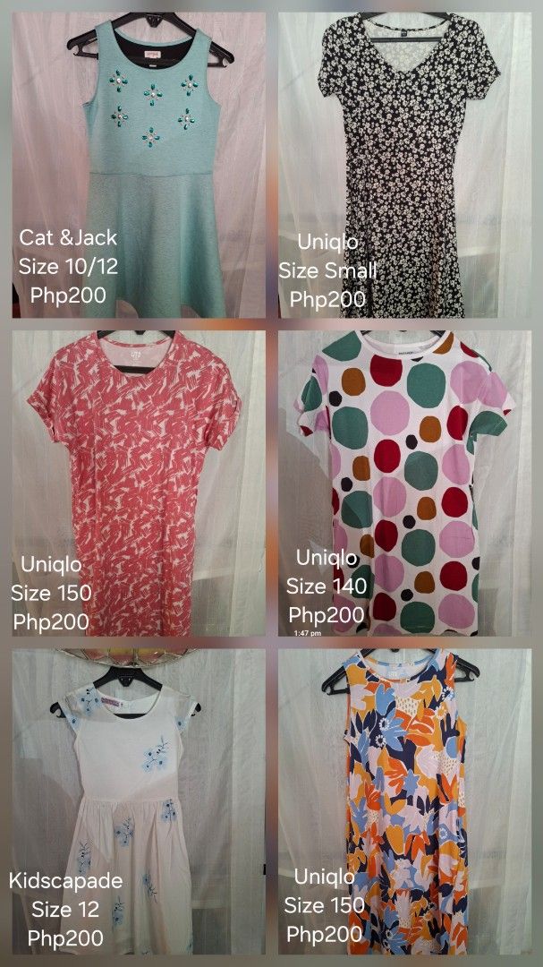 Assorted Girls Dresses (Category: Babies & Kids Fashion) located in Paranaque City. Submitted by chebureche (Listing ID 1439664157, Image 1). Description: Assorted dresses from Uniqlo, Cat&Jack and Kidscapade. Sizes are in the picture. Price is per dress. .