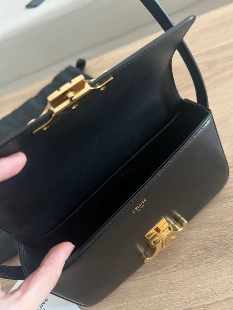 Authentic Celine Triomphe Shoulder Bag Black (Category: Luxury Bags & Wallets) located in Makati City. Submitted by prevlovedbyme (Listing ID 1439730840, Image 2). Description: Authentic Celine Triomphe shoulder bag Slightly negotiable Calfskin Negotiable Includes dust bag and care card Bought last year in Dubai, barely used and looks brand new honestly Srp is 180k Issue: Some minor scratches on last pic, repair is 3.5k I already inquired - Authe